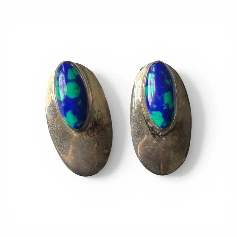 VTG Block Azurite Malachite Oval Earrings Sterling Silver 925 Studs - Tarnished - Picture 1 of 4